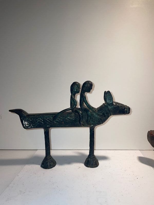 African Bronze Horse with Figures Sculpture