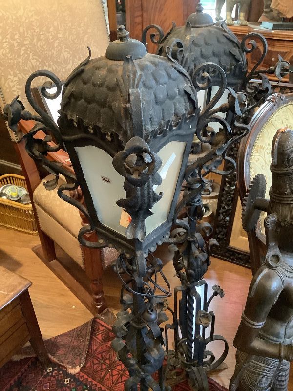 Pair of Early 19th Century Wrought Iron Lantern Lamps 50”