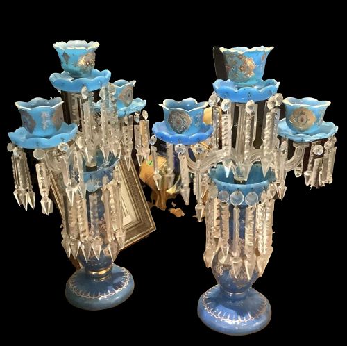 "Persian Blue" Crystal Candelabras Gilded Designs circa 1850 22”x14”