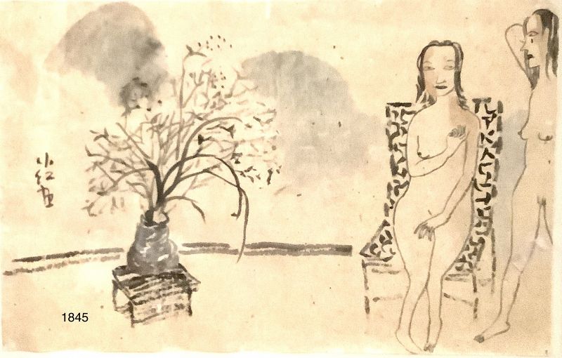 Chinese Master Ink Brush Painter Comeng Nudes in a garden