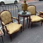 Pair of French Louis XV Fauteil Chairs carved Walnut and brocade silk
