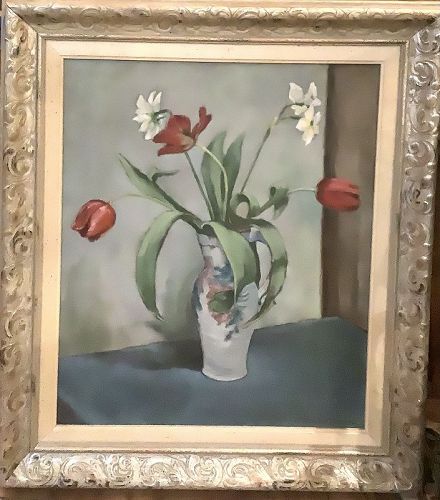 Swedish Artist Hugo Belving 1946 Still Life with Tulips 22x18”