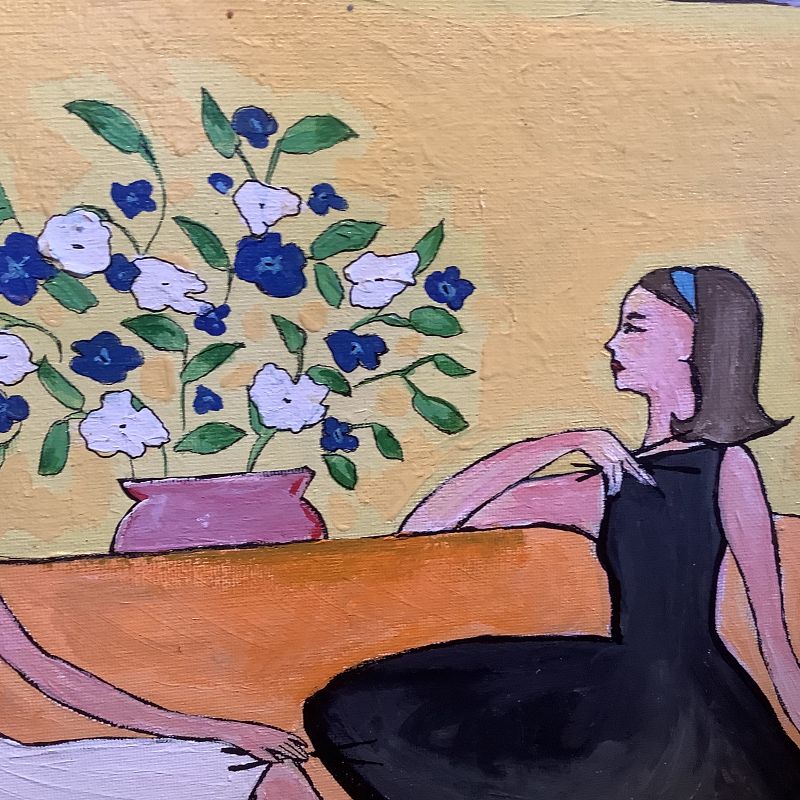 Featured Artist Anne Lane, Conversation Girls, oil on Canvas 11x14”