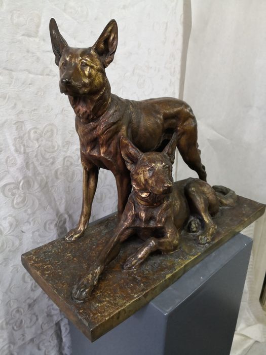 Charles Paillet French Artist 1871-1937 German Shepherds Gilt Bronze