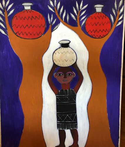 Ivory Coast Artist Ephrem Kouakou-The Red Treet Pots,Oil 50x40”