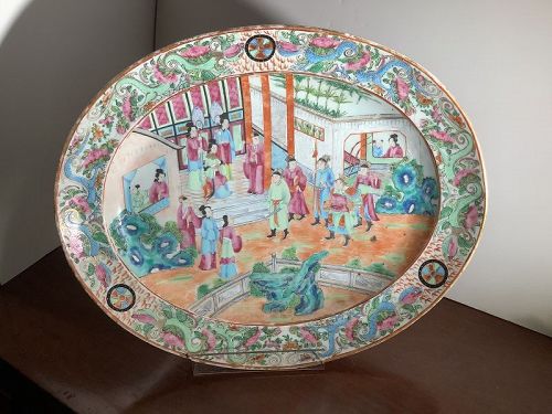 Chinese Famille Rose Mandarin Canton Qing Dynasty Large Server 14x17”