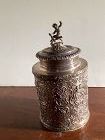 German Silver Repoussé Tobacco Jar w/ Infant Bacchus Sculpture Finial