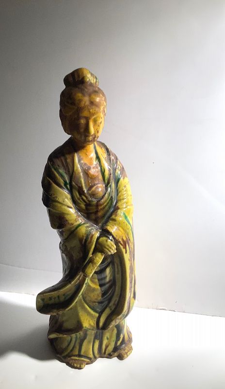 Chinese Qing Dynasty Guan Yin  Porcelain Figure Mandarin Yellow  12”