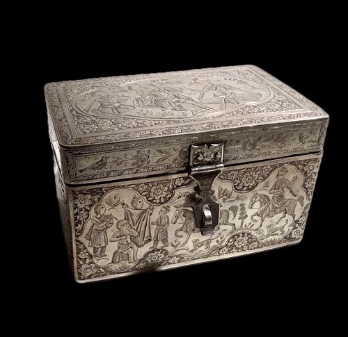 Indo-Persian Silver Box with Mogal Hunting Scenes 19th Century