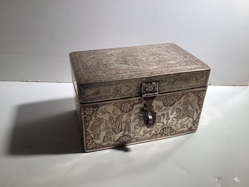 Indo-Persian Silver Box with Mogal Hunting Scenes 19th Century