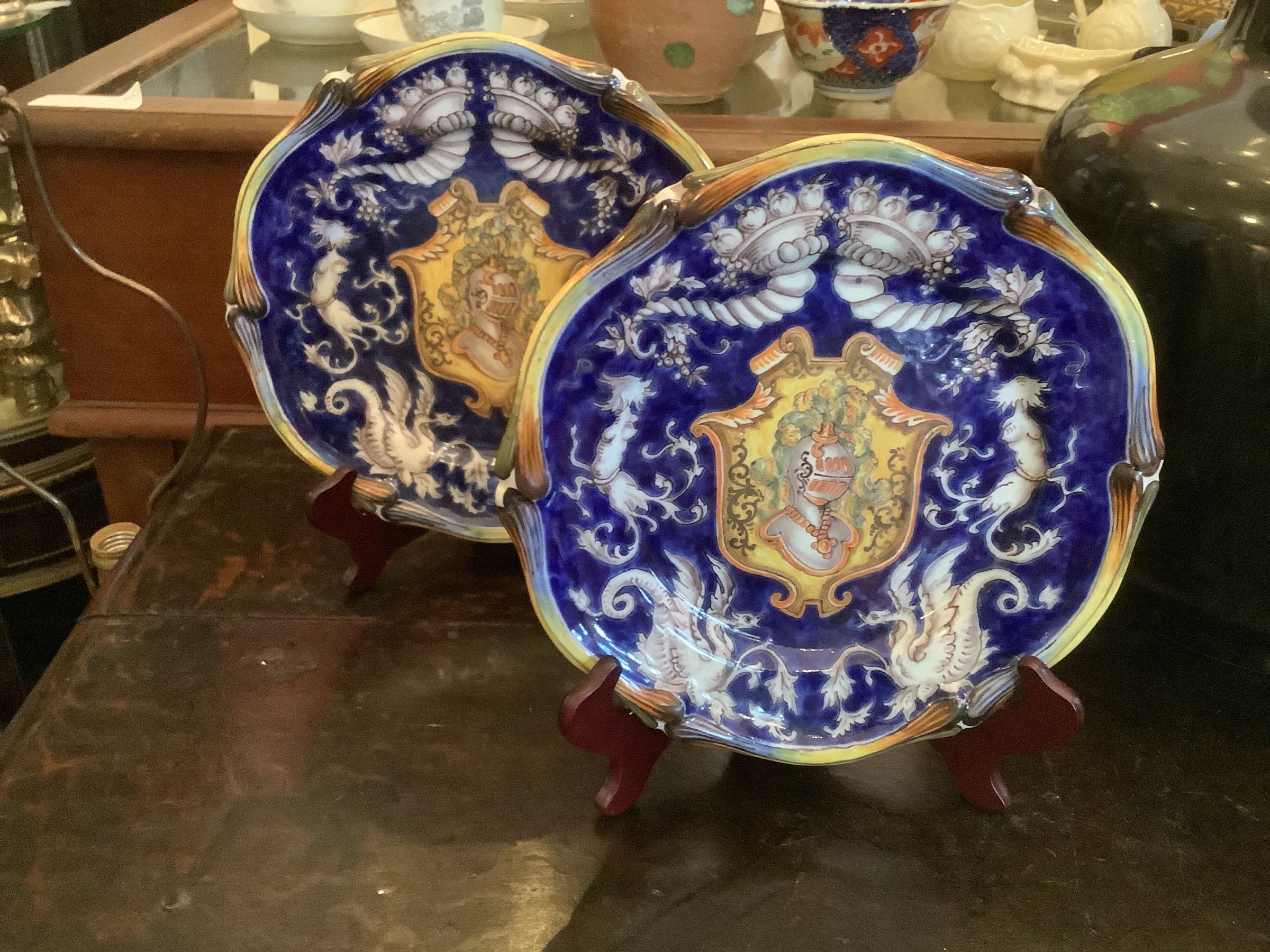18th Century French Majolica “St. Clément” Pair Porcelain Plates