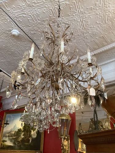 French 1920s Chandelier Brass and Crystal 36”x30”
