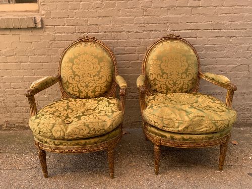Pair Of Gold Leaf, Hand Carved Upholstered Fauteil Chairs