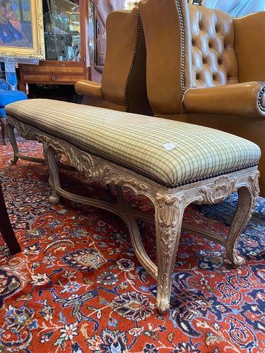 Louis XV Style Bench Carved Gilded Wood Upholstered in Silk 67”
