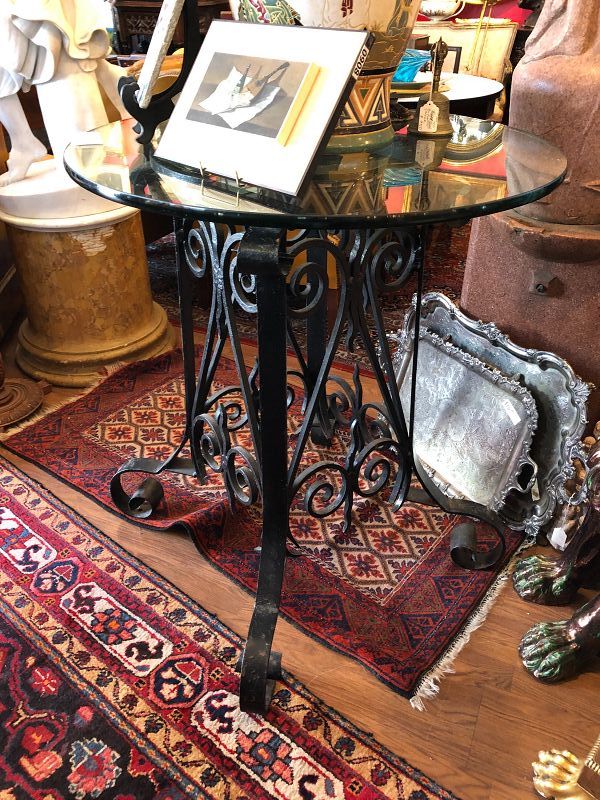 French Wrought Iron Sculpture Table Heavy Glass Top 49”x40”