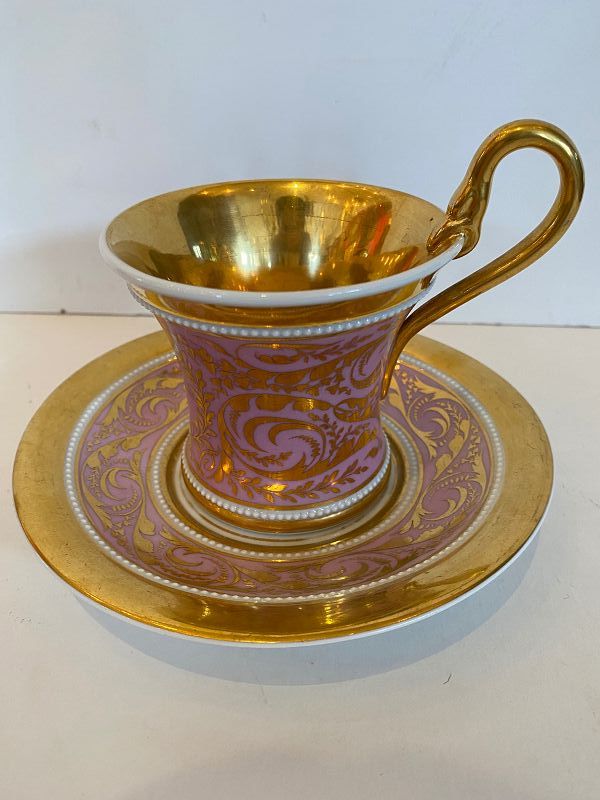 KPM Meissen Porcelain Cup and Saucer in Purple with Gold Laurel Wreath