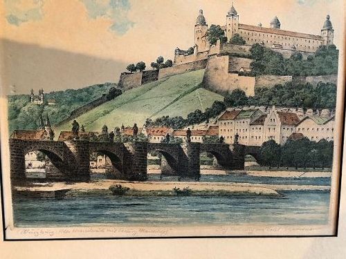 Early Nineteenth Century Color Etching of a German Castle Weinberg