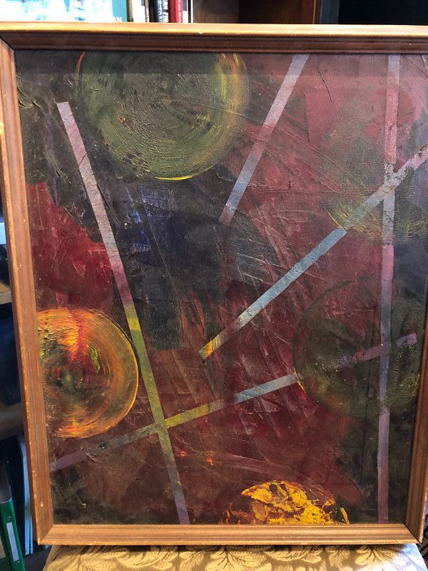 Abstract Geometic Oil Painting Unsigned From 1960s Framed 22x18”