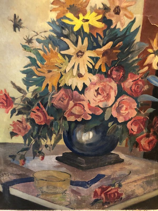 Still Life “Bouquet” Unsigned Oil Painting 1940s 30x24”