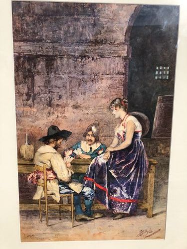 Auguste Hirsch French 1833-1912 “Card Players” watercolor signed20x13”