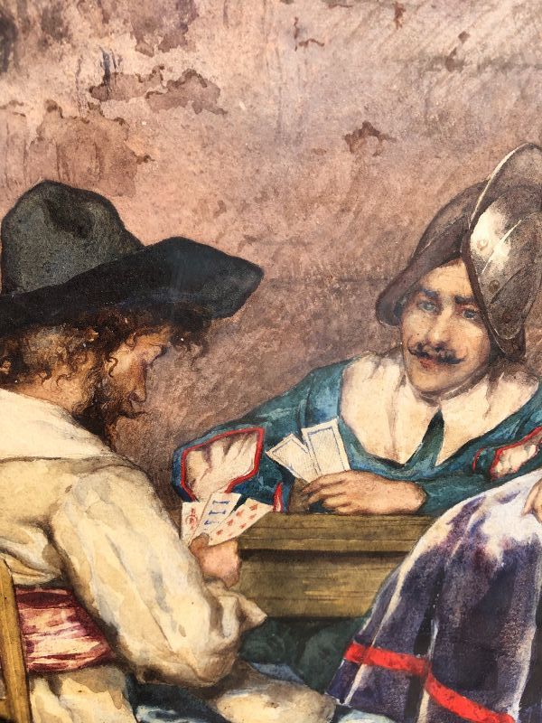 Auguste Hirsch French 1833-1912 “Card Players” watercolor signed20x13”