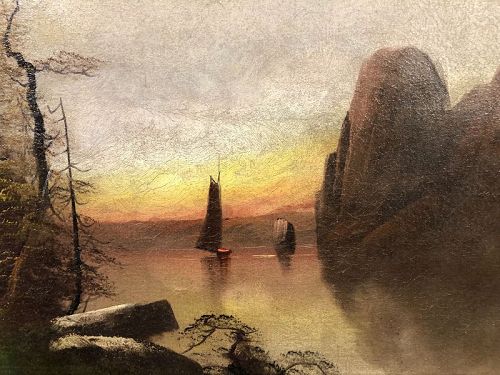 Nineteenth Century Oil Landscape Lake Scene 20x32”