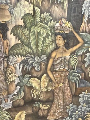 W.J. Rudje Indonesian Artist Silk painting Masterpiece “Ubud” 36x20”