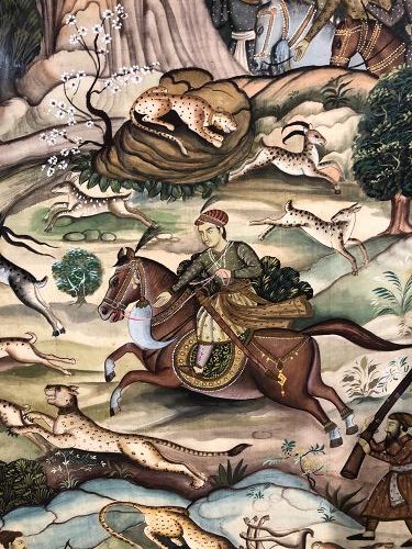 Mughal  Hunting Scene Silk Painting Circa 1920 36x23”