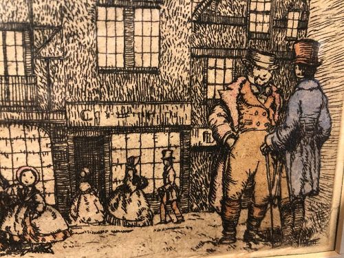 Hand Colored Etching “Dickens Christmas Carol” 5x8”
