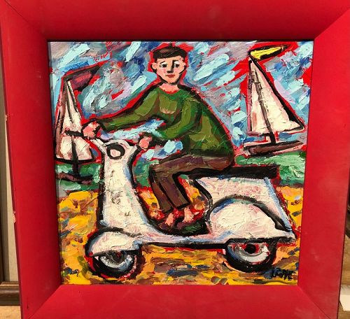 “Scooter with Sailboats” By Anne Lane American 12x12”  Oil