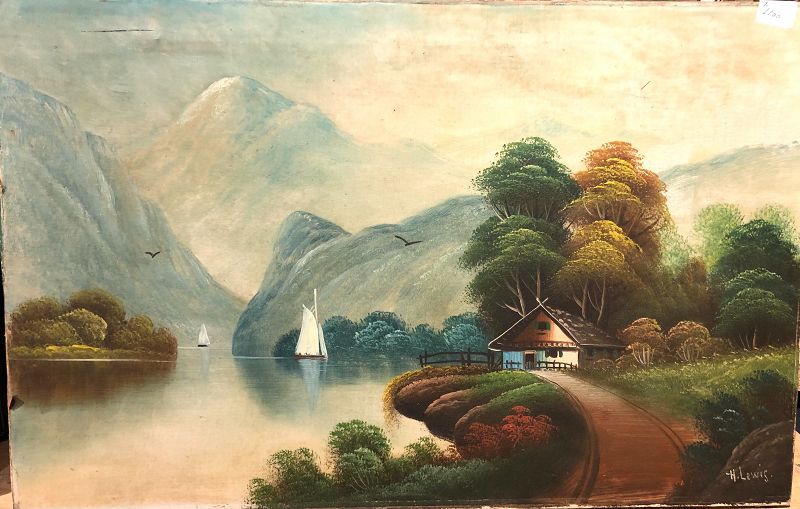 Henry Lewis American Artist “Mountain Scene Oil 19x28”