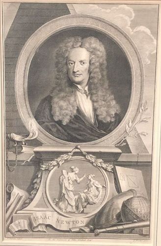 Eighteenth Century Etching Of Isaac Newton Dated 1748 21x16”