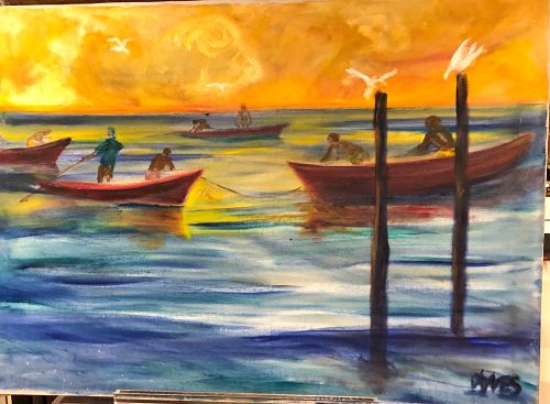 Jamaican Master Artist Joe James 1936-2018 “Fishing”Oil 24x34