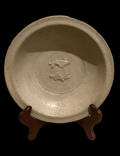 Chinese Song Dynasty Celadon Bowl Double Fish Motif 8 1/4” width