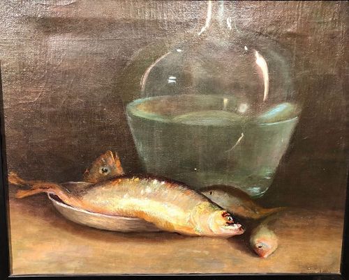 Early Twentieth Century Still Life With Fish,English Artist Oil 22x28”
