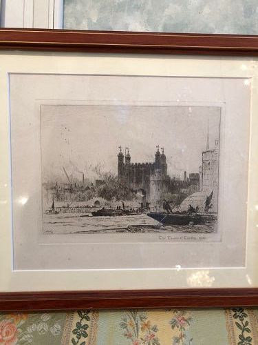 Tower of London 1920 Etching 8x9” by English Artist F.R.