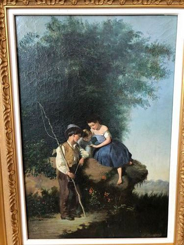 Romantic English Genre Children Oil 25”x19” Nineteenth Century