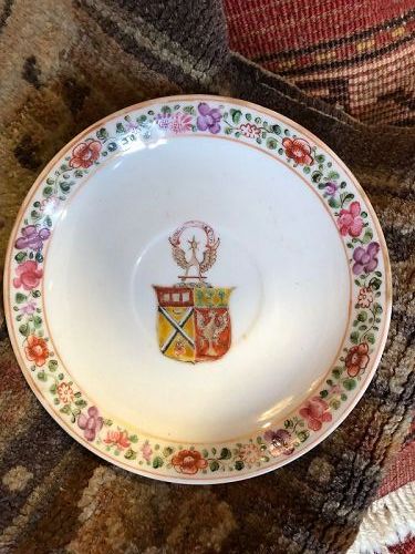 Chinese Export Armorial Floral Decorated Saucer Circa 1775