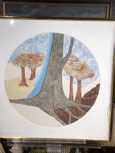 Signed Color Lithograph Post Modernist Trees.  31x31 inch