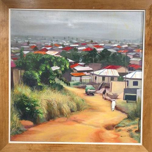 Nat Ozkuzo, Nigerian Master Painter,Village Scene 40x40 in
