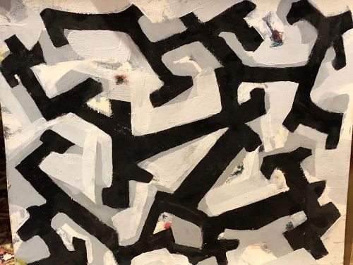 Geometric Maze In Black and White Max Kassler 17x19” Oil