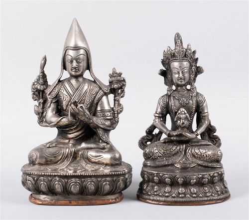 Sino-Tibetan Silvered Bronze Seated Alalokitesvara And Lama Figures