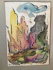 Aaron Berkman American Artist 1901-1991 Cityscape Watercolor 11x7.5”