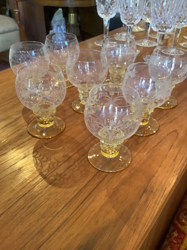 Citrine Etched Cordial Glasses Set Of Eight Vintage
