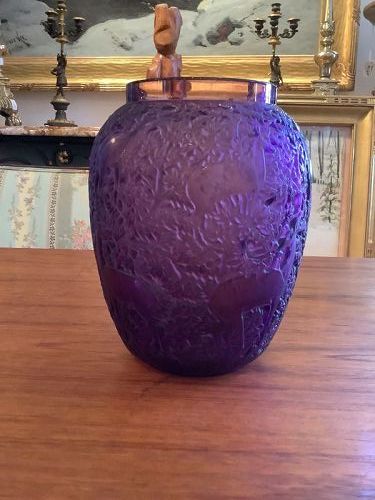 René Lalique Amethyst “Biches” Glass Vase c.1950 6 3/4”
