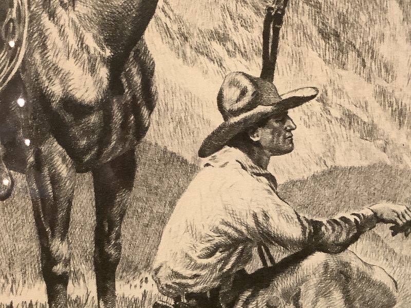Etching American Illustration Of A Western Cowboy 10x12 inch