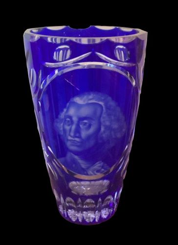 Cameo Cut Acid Etched Blue Crystal Vase Likeness of G. Washington