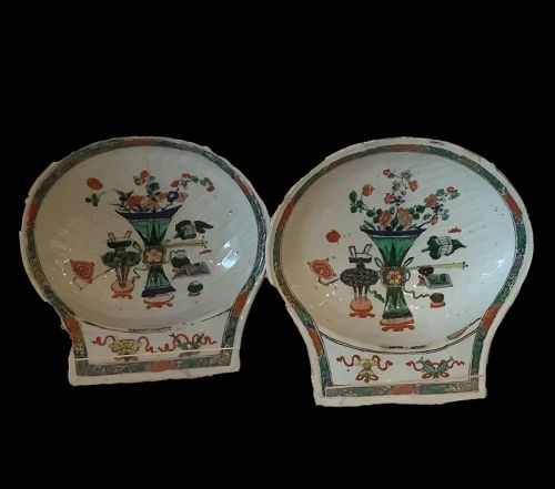 Pair Of Chinese Qing Dynasty Glazed Pottery Sweetmeat dishes  9”x7”