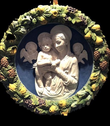 Italian Works Della Robbia Style Enameled Relief Porcelain Sculpture