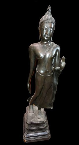 Thai Nineteenth Century Walking Buddha Bronze Sculpture